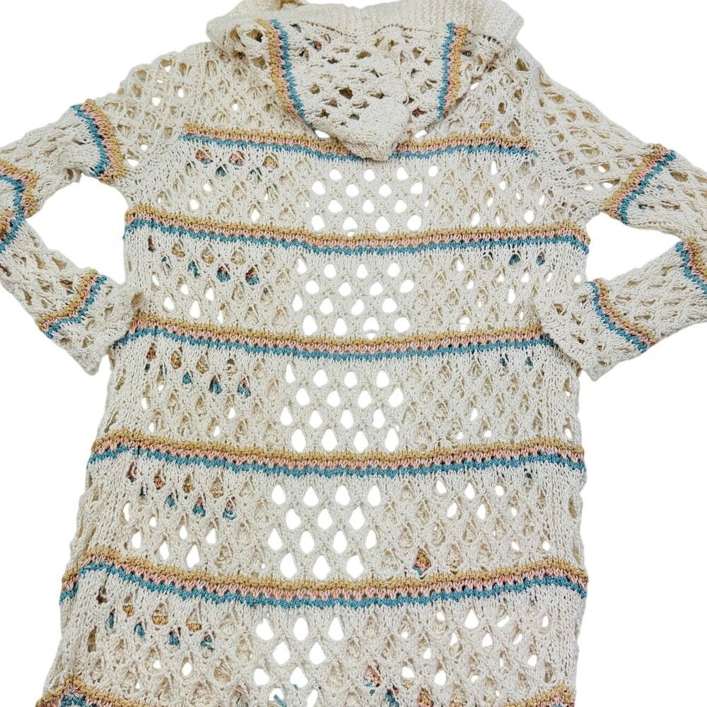 Boho Hippie Cotton Crochet Open Knit Fringe Long Hooded Duster Women's Size M/L - Picture 3 of 8